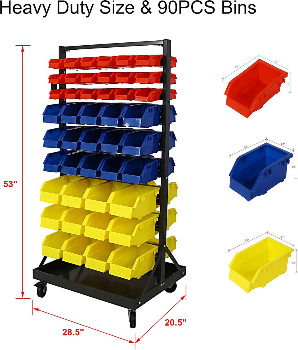 9-Tier Rolling Bin Stroage Rack with 90 Bins, Dual-Sided Parts Organizer with Wheels and Top Tray, Heavy Duty Tool Storage Rack for Workshop, Garage, Utility Use