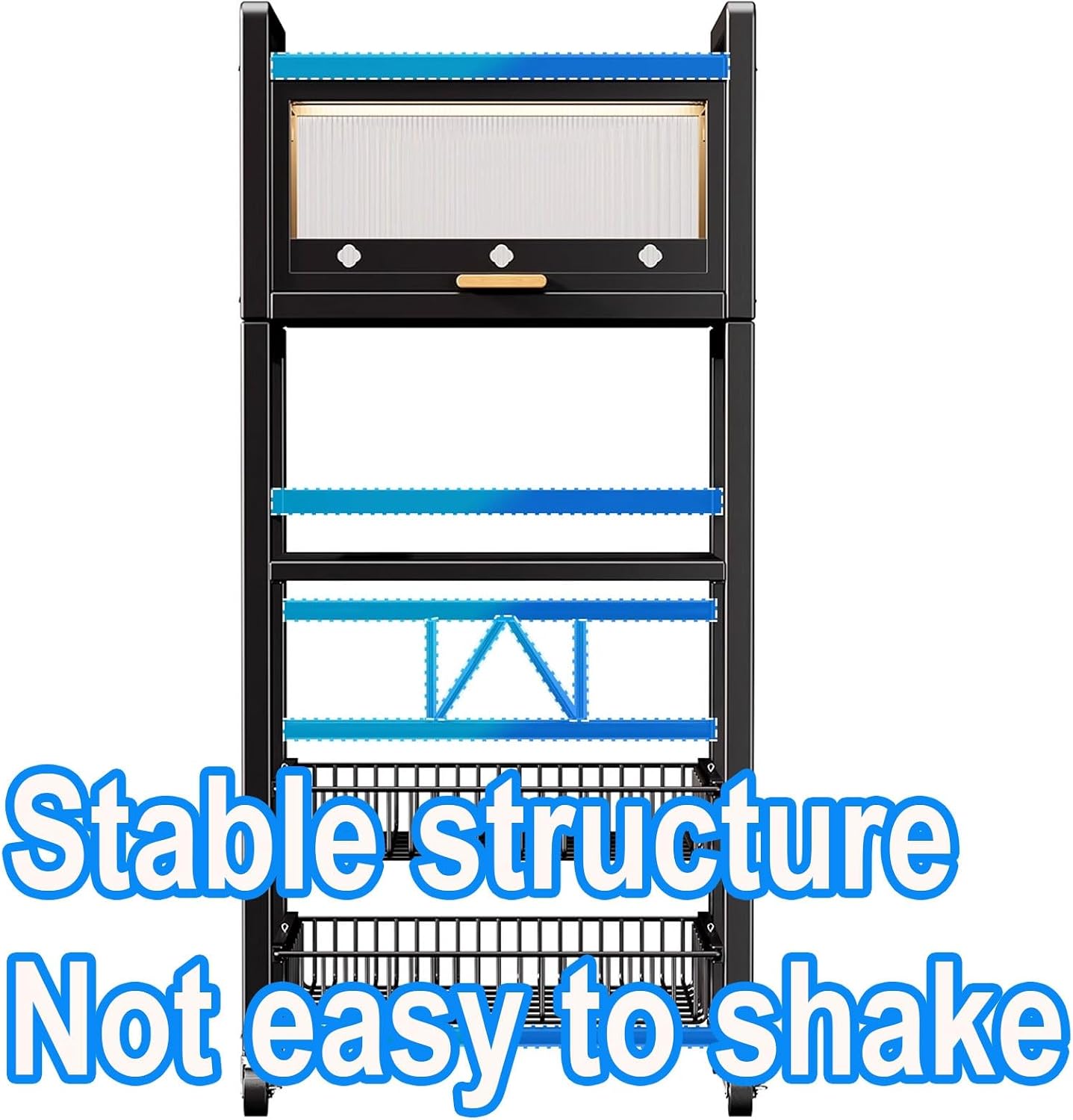 Bakers Rack with Storage Made of Carbon Steel with Pull-Out Wire Basket 5 Tier Storage Shelf Kitchen Storage Shelves with Mesh Panels for Utensils, Pots(Color:ABlack)