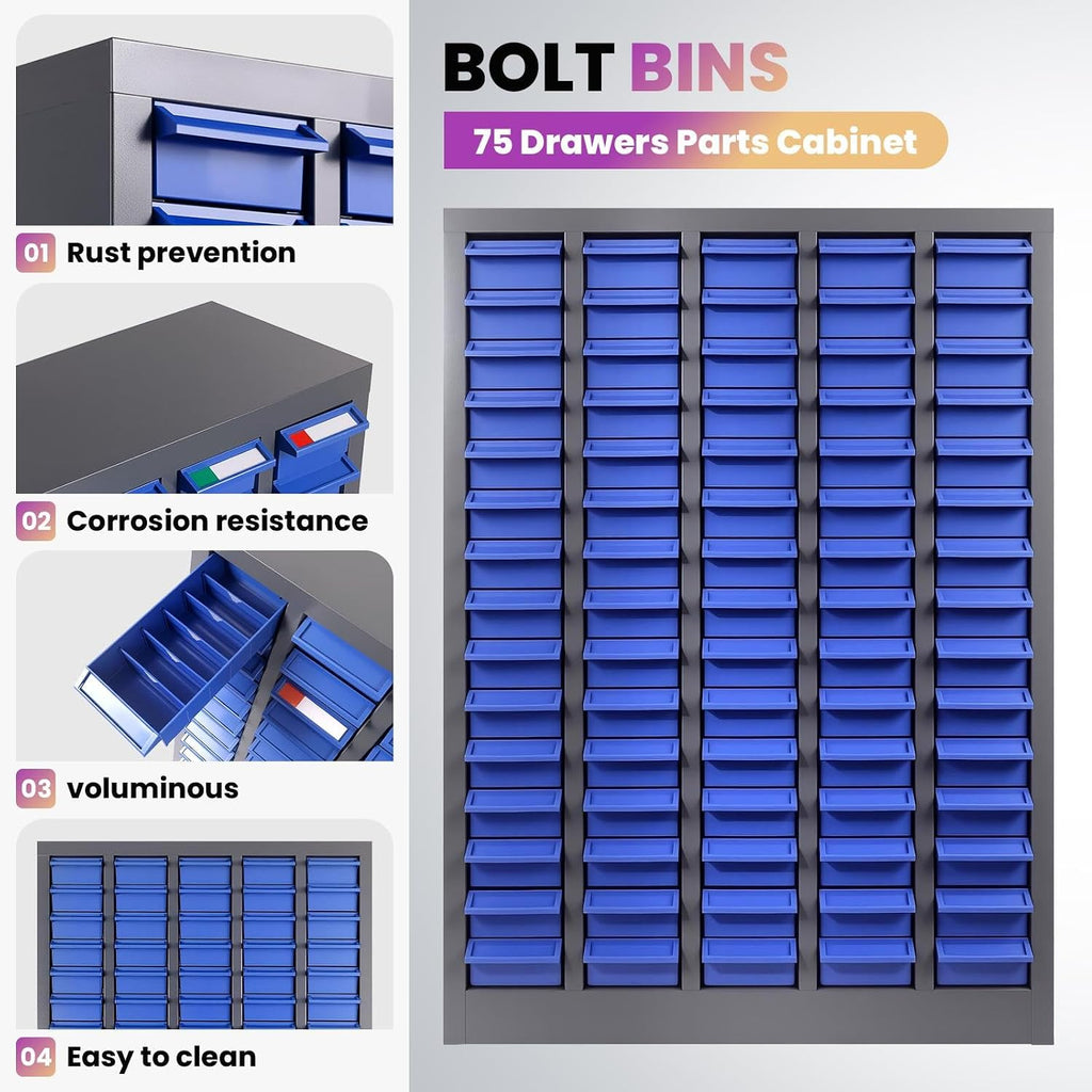 Professional 75-Drawer Bolt Organizer, Industrial Parts Cabinet with Alloy Steel Frame and ABS Bins, Nuts and Bolts Organizers and Storage with Labels, Space-Saving Hardware Organizer for Workshop