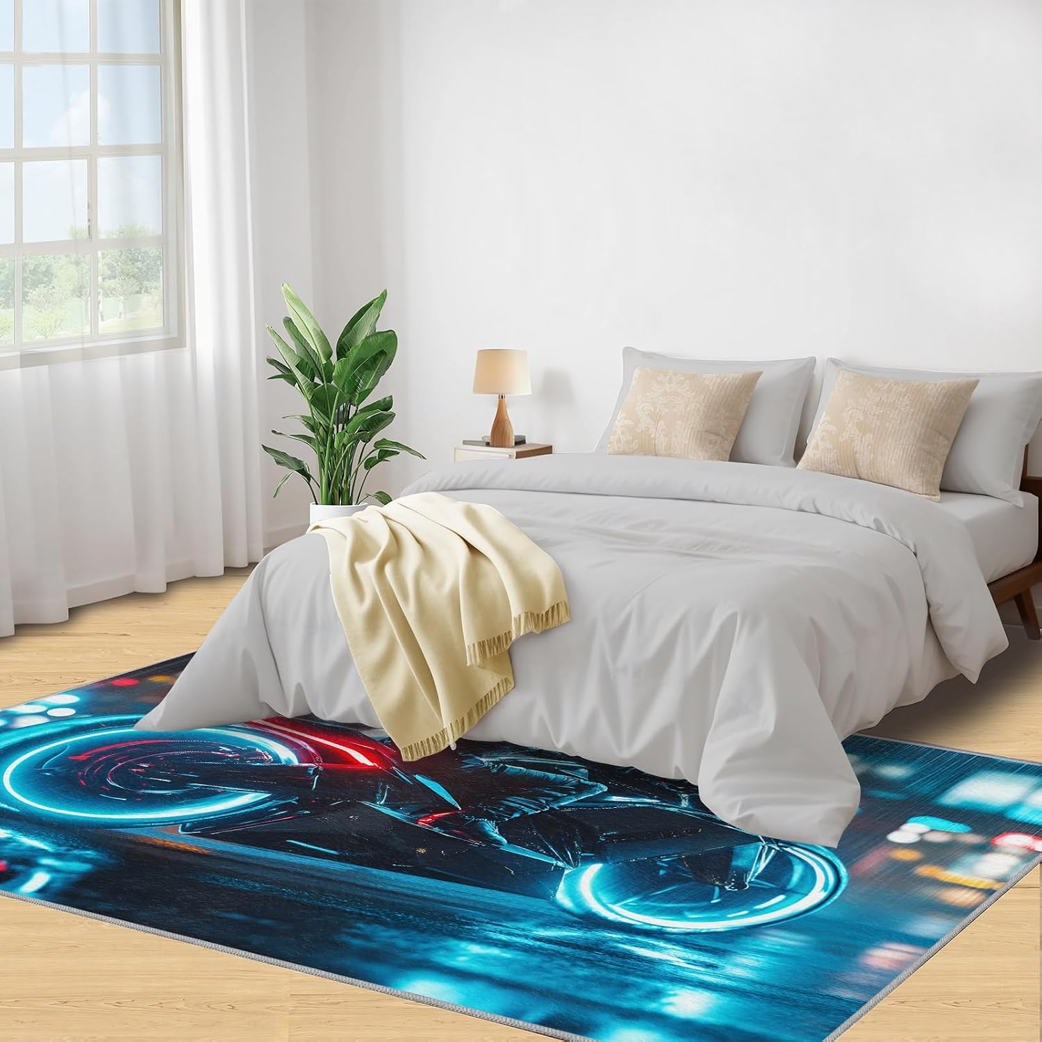6x8 Futuristic Motorcycle Area Rug - Large Rugs for Living Room, Technological City Carpet Area Rug for Girls Bedroom Kids Room Basement Office Classroom