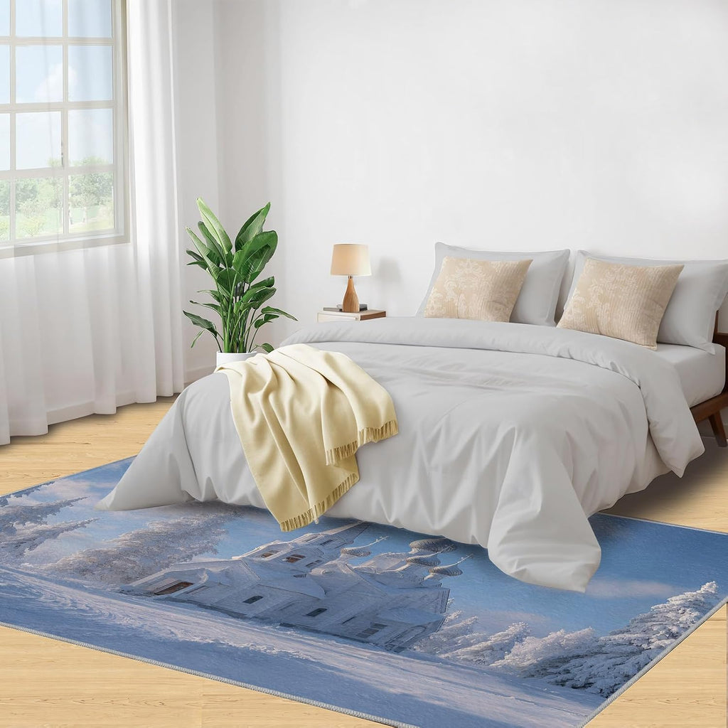 Castle Rugs for Bedroom, Winter Forest Rug 6x8, Winter Scenery Dining Room Rugs Washable & Non Slip Large Carpet for Home Decor