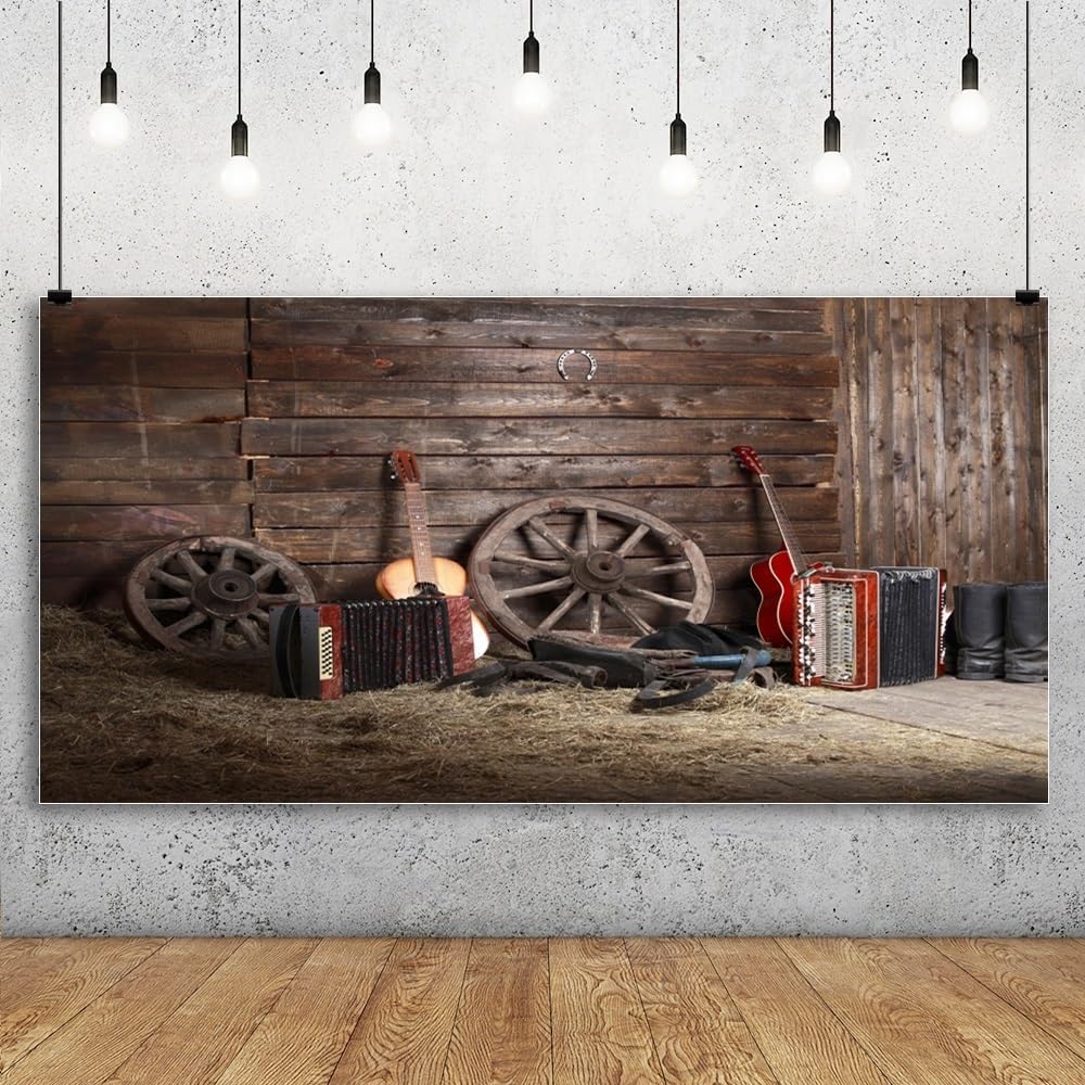 Leyiyi 20x10ft Rustic Music Barn Backdrop Vintage Guitar Rock Play Western Wooden Cottage Horseshoe Rural Farmhouse Haystack Photo Background Cowboy Kids Birthday Portrait Studio Prop Vinyl Banner