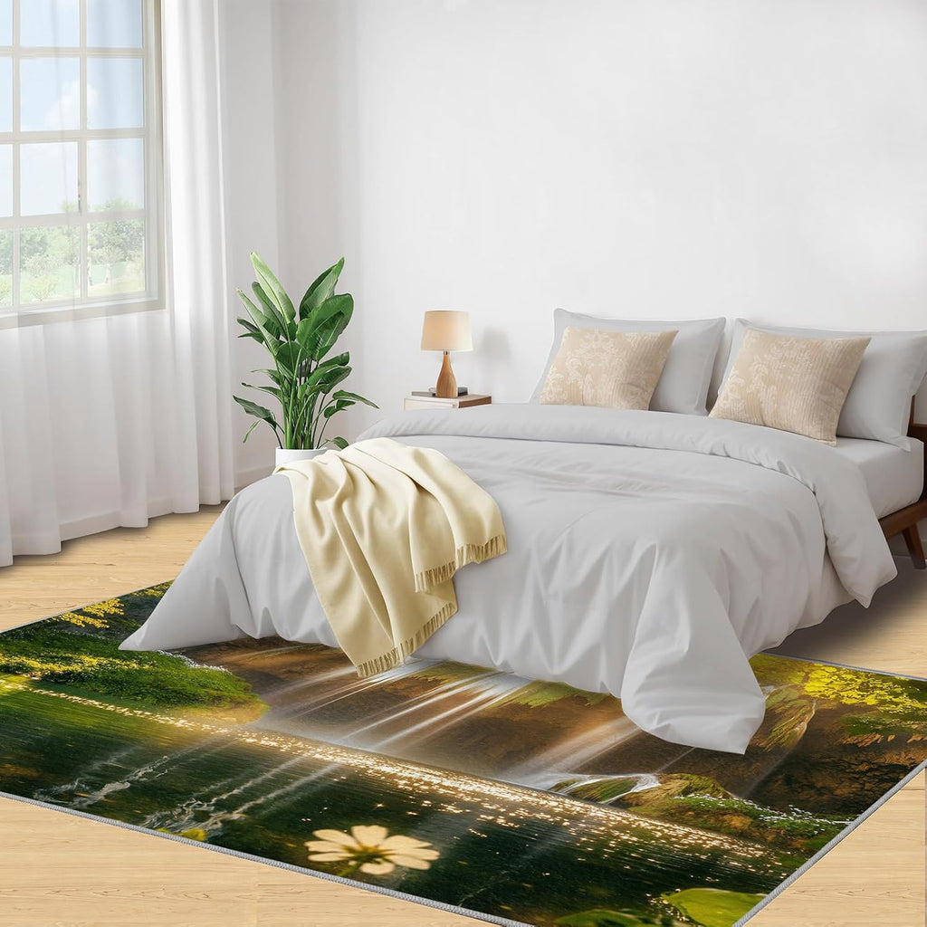 Natural Waterfall Rug - 6x8 Rug, Green Forest Area Rugs for Bedroom, Natural Scenery Rugs for Living Room, Landscape Washable Carpet, Waterfall Home Decor & Gifts