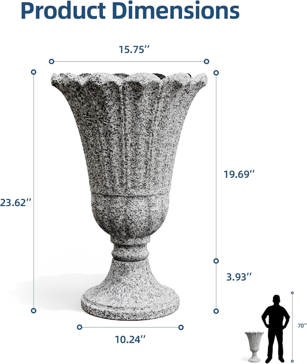 Plastic Urn Planters Set of 2, 23.6' Tall Pedestal Planter with Drainage Holes, Vintage Petal Garden Planter Urns for Front Porch, Large Plant Urns Outdoor & Indoor Flower Pots, Heather Gray