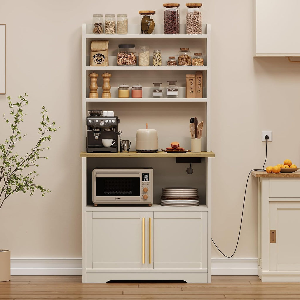 TrailBlaze Microwave Stand with Storage Cabinet, Bakers Rack with Power Outlet and Shelves, Farmhouse Floor Hutch Door Thickened Counter, Storage Shelf Coffee Bar for Kitchen, Dining Room, White