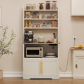 TrailBlaze Microwave Stand with Storage Cabinet, Bakers Rack with Power Outlet and Shelves, Farmhouse Floor Hutch Door Thickened Counter, Storage Shelf Coffee Bar for Kitchen, Dining Room, White