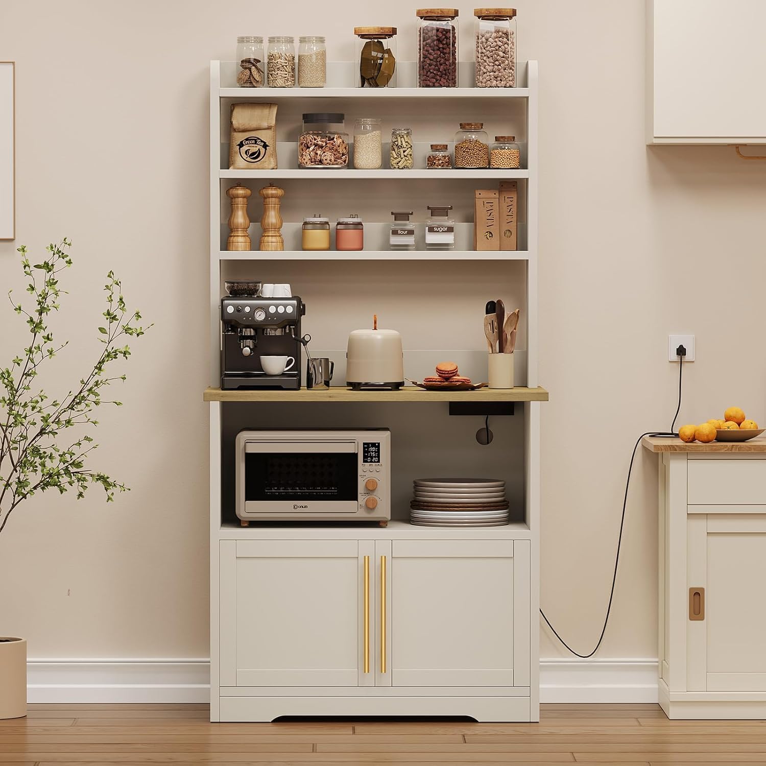 TrailBlaze Microwave Stand with Storage Cabinet, Bakers Rack with Power Outlet and Shelves, Farmhouse Floor Hutch Door Thickened Counter, Storage Shelf Coffee Bar for Kitchen, Dining Room, White