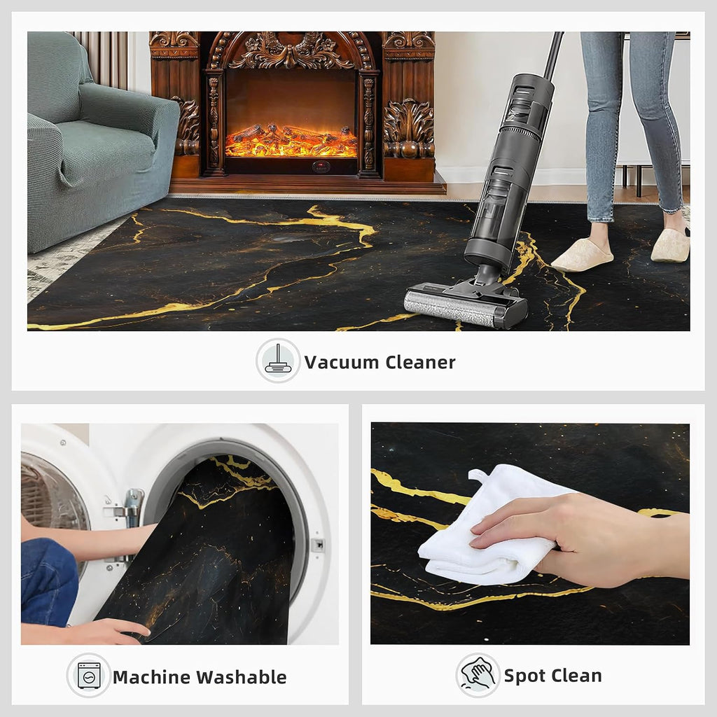 Black Marble Area Rug, Modern Abstract Fashion Gold Rugs for Living Room, Easy Clean Carpet Washable Indoor Non-Slip Rug for Boys and Girls Nursery Bed Living Room Carpets Nursery Decor,6 x 8ft