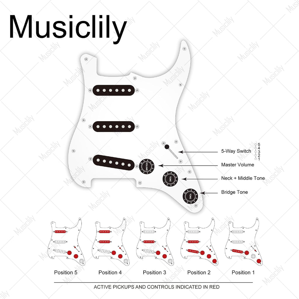 Musiclily Pro Pre-wired Standard SSS Pickguard with Artec Pickups Staggered Alnico 5 Magnet Single Coil Pickups for ST Style Electric Guitar, 4Ply Black Pearl
