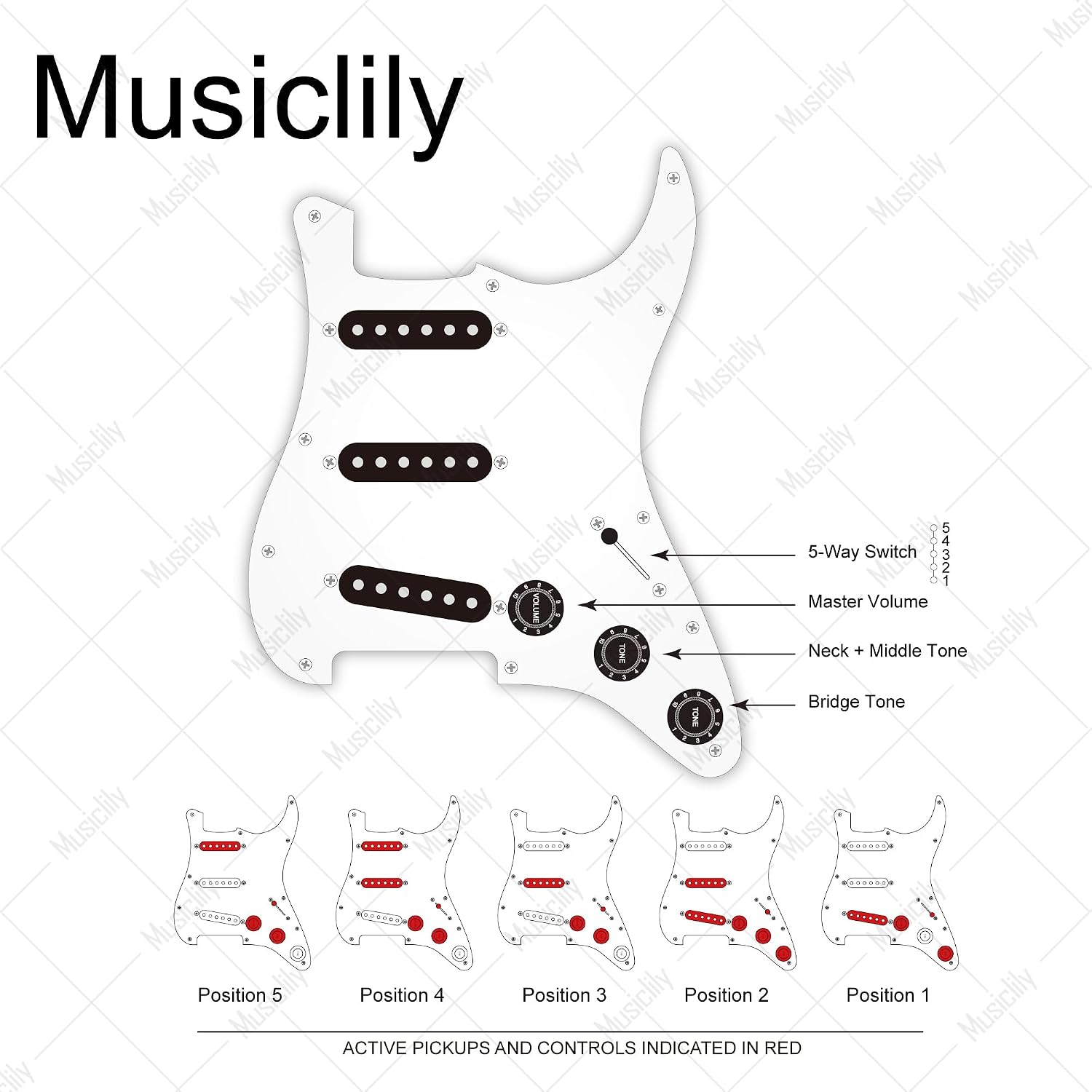 Musiclily Pro Pre-wired Standard SSS Pickguard with Artec Pickups Staggered Alnico 5 Magnet Single Coil Pickups for ST Style Electric Guitar, 4Ply Black Pearl