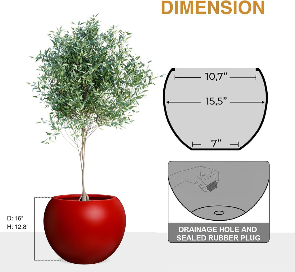 KUTE NEST 12.8' H x 16' D Premium Globo Fiberstone Round Planter for Outdoor & Indoor Plants, Chinese & Lunar New Year Home Decor Pot, House Plants, Included 2 Extra Coco Mats (Red, 10.7' Pot Opening)