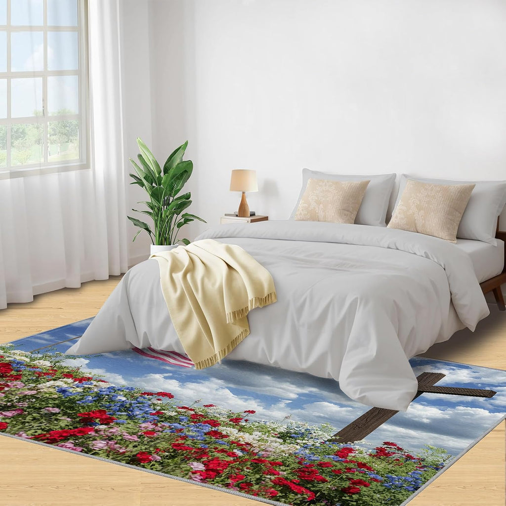Independence Day Rugs for Bedroom, Memorial Day Rug 6x8, Patriotism Dining Room Rugs Washable & Non Slip Large Carpet for Home Decor