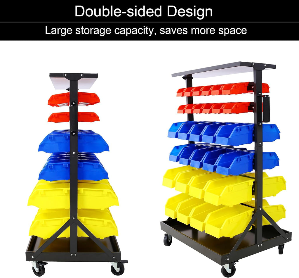 6-Tier Rolling Bin Stroage Rack with 60 Bins, Dual-Sided Parts Organizer with Wheels and Top Tray, Heavy Duty Tool Storage Rack for Workshop, Garage, Utility Use