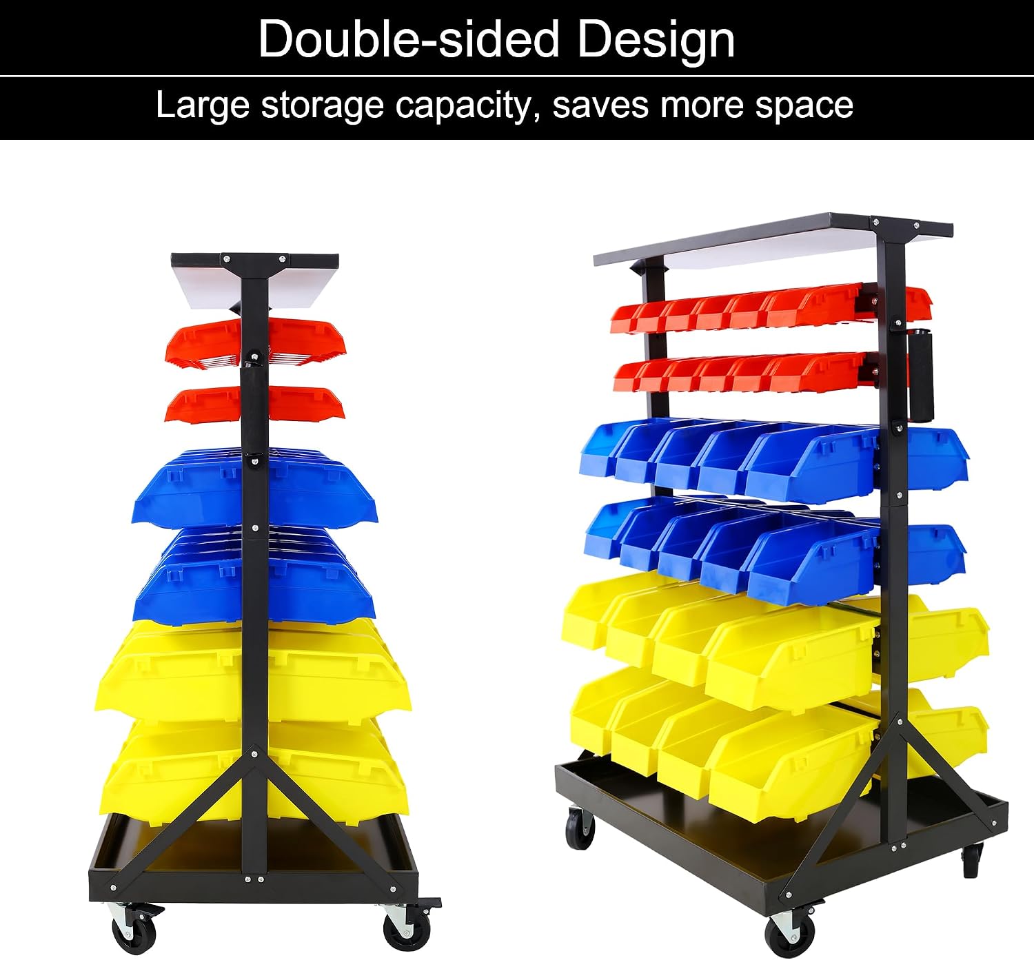 6-Tier Rolling Bin Stroage Rack with 60 Bins, Dual-Sided Parts Organizer with Wheels and Top Tray, Heavy Duty Tool Storage Rack for Workshop, Garage, Utility Use