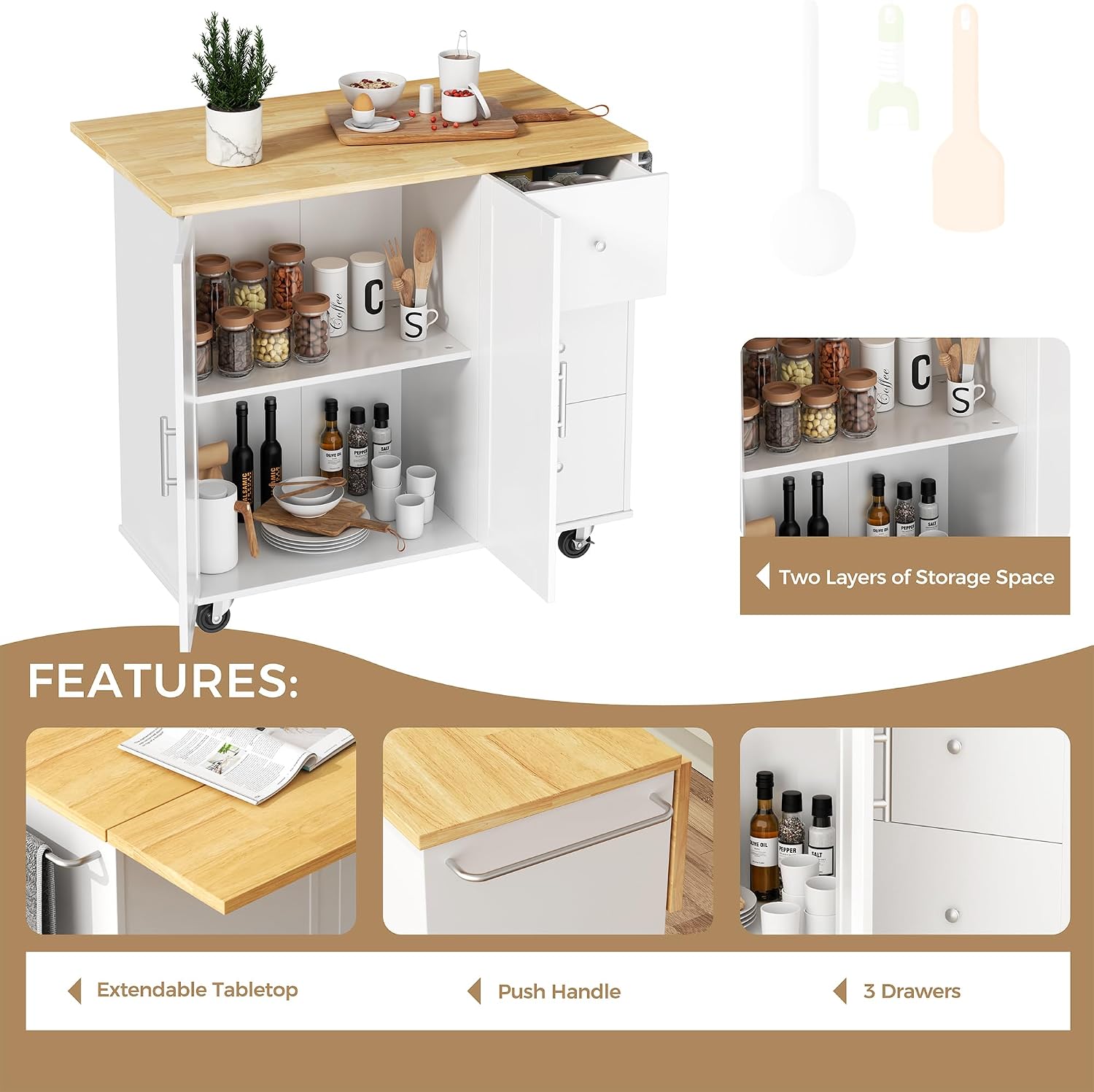 JY QAQA 40' Kitchen Island Cart Furniture cart on Wheels Rolling Portable Dining Room Serving Utility Carts Mobile Movable with Drawers Cabinet,White