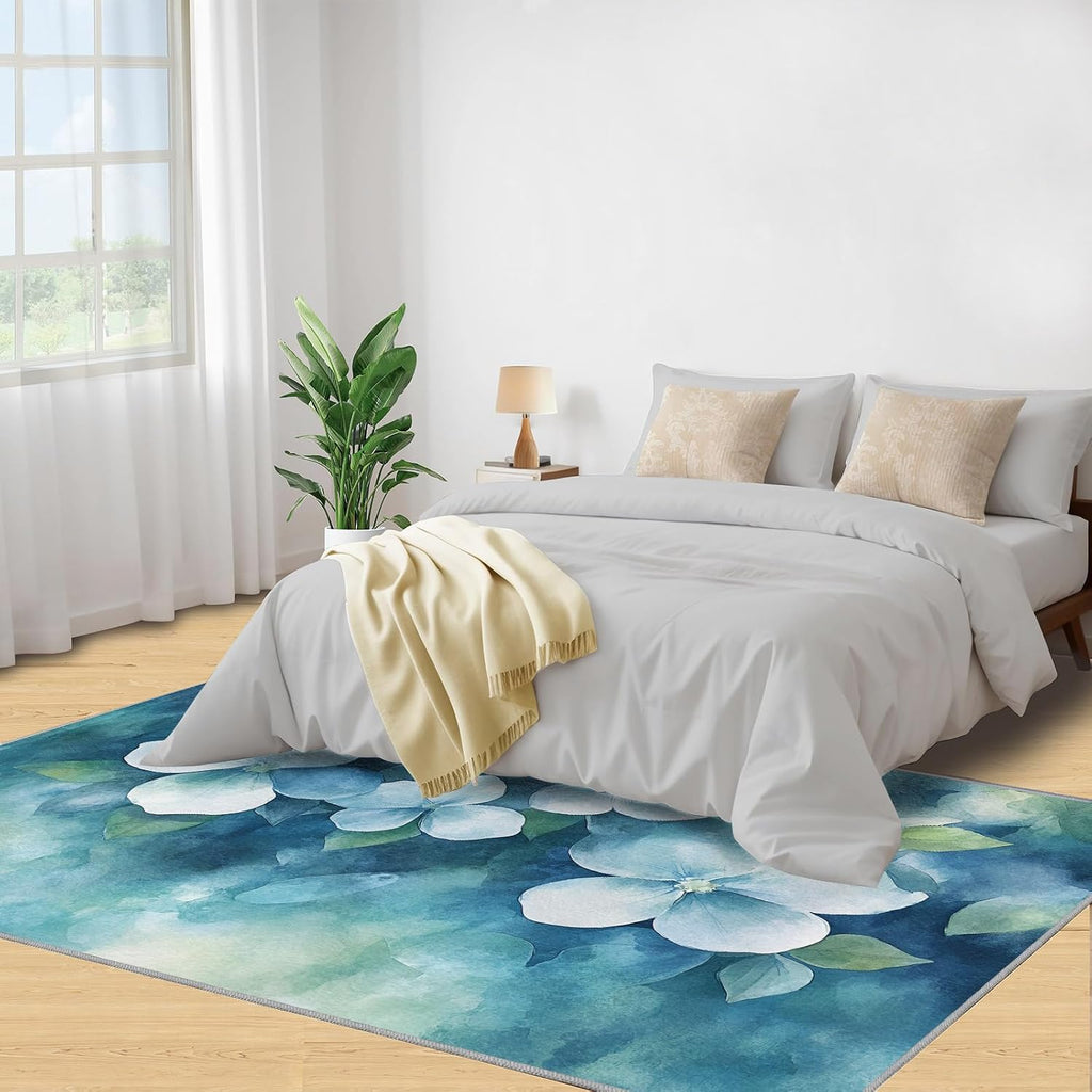 Florals Rugs for Bedroom, Watercolor Florals Rug 6x8, Fresh Flowers Dining Room Rugs Washable & Non Slip Large Carpet for Home Decor