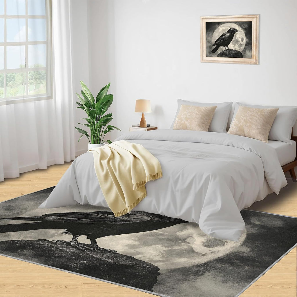 Black and White Rug - Large Rug 6x8 - Crow Rugs for Living Room - Soft & Non Slip & Washable Rugs for Bedroom, Full Moon Carpets for Dining Room Lounge Girls Room