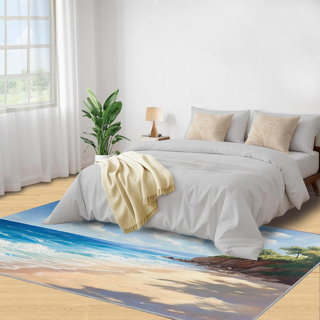 Beach Rug 6x8, Tropical Scenery Rugs for Living Room, Cartoon Rugs for Bedroom, Low Pile Washable Area Rug, Non Slip Carpet for Hardwood Floors