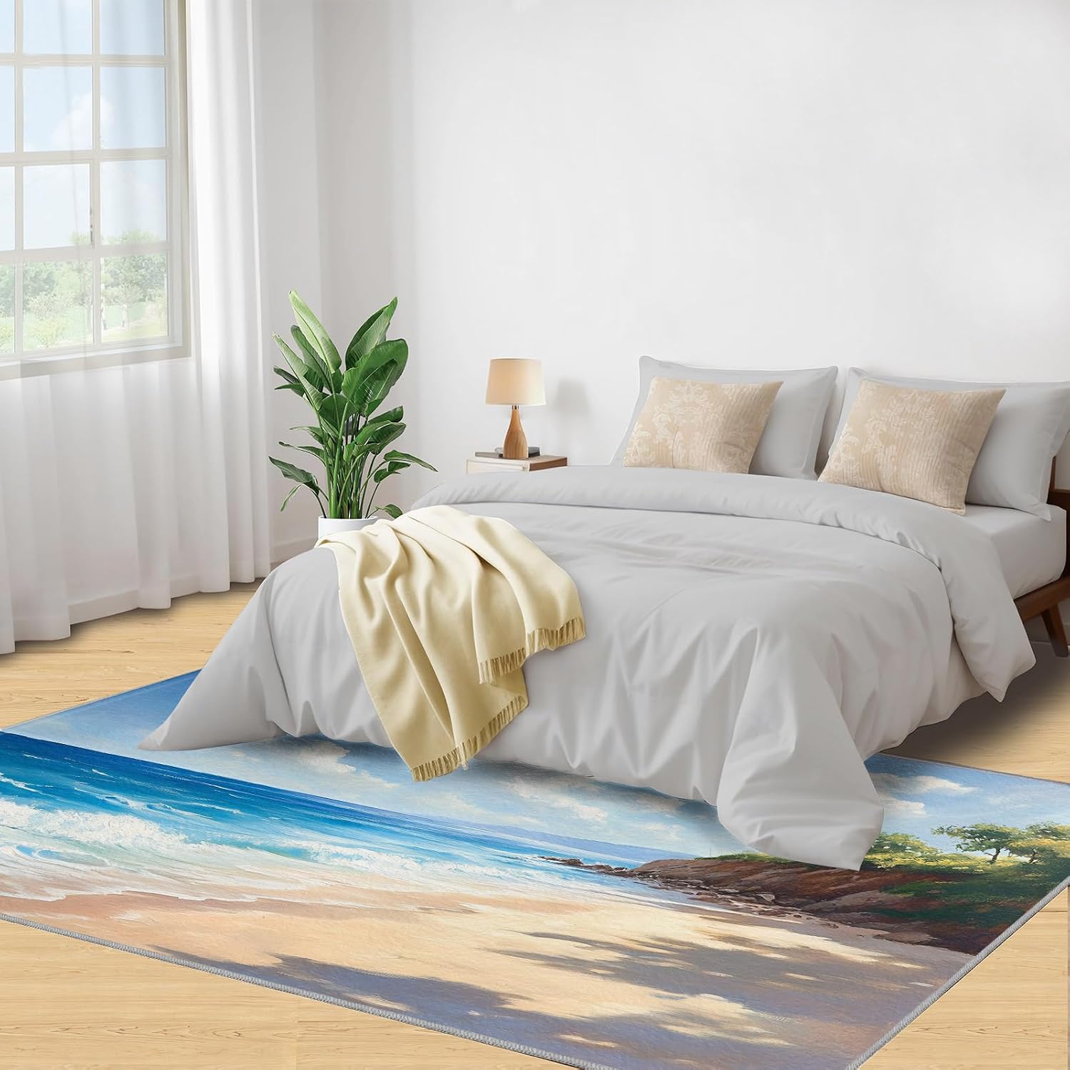 Beach Rug 6x8, Tropical Scenery Rugs for Living Room, Cartoon Rugs for Bedroom, Low Pile Washable Area Rug, Non Slip Carpet for Hardwood Floors