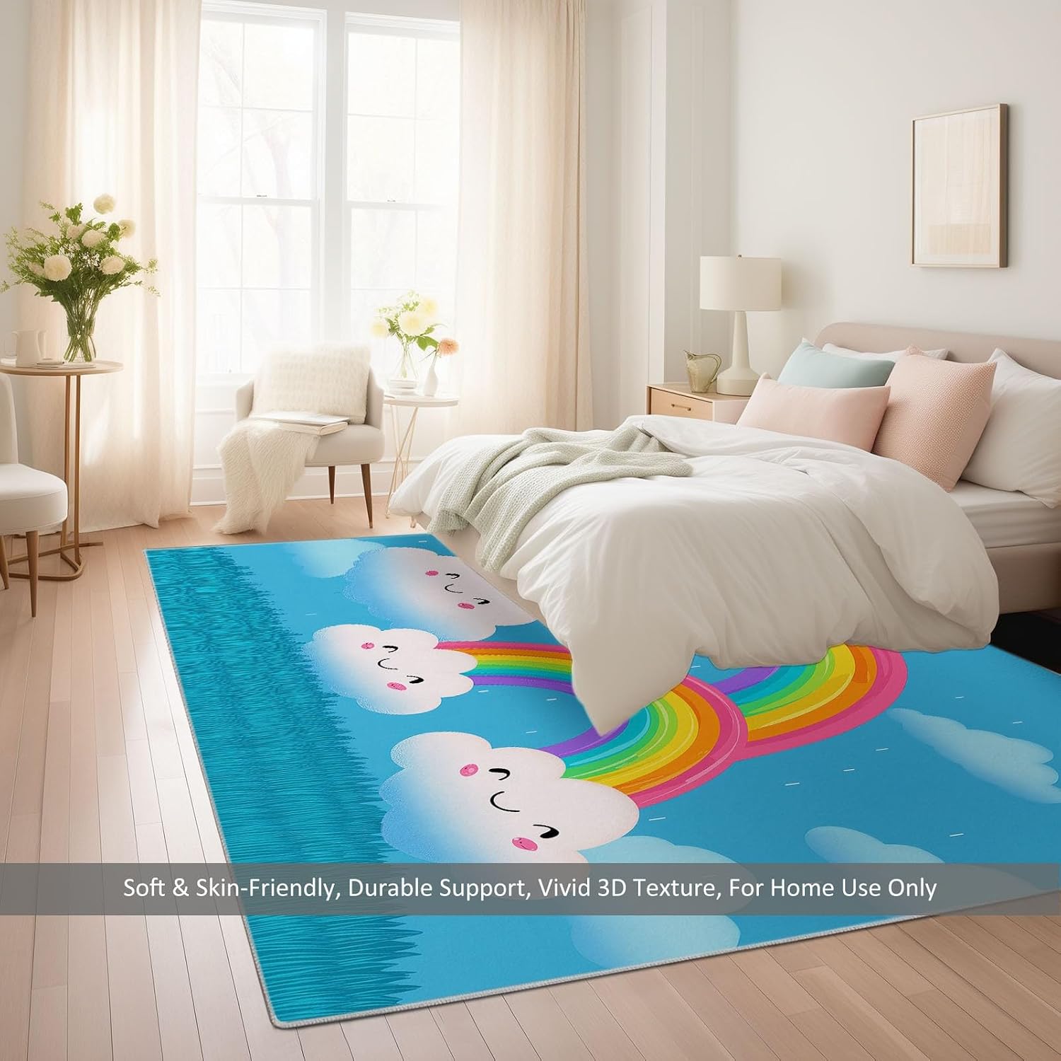 Cartoon Clouds Rainbow Area Rugs 5 x 7 ft for Kids Room Boys Girls, Blue Polyester Indoor Carpet - Machine Washable Non-Slip Soft Printed Rug for Bedroom Living Room Decor