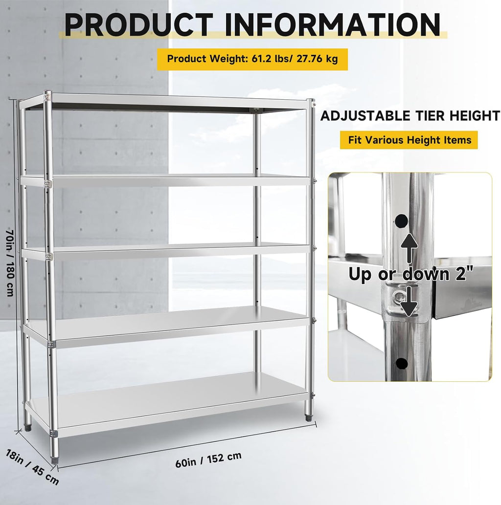 Stainless Steel Shelves 60x18x70 Inch Storage Rack 5 Tier Shelving Units and Storage Adjustable Stainless Steel Rack Shelving, Storage Shelves for Kitchen Commercial Office
