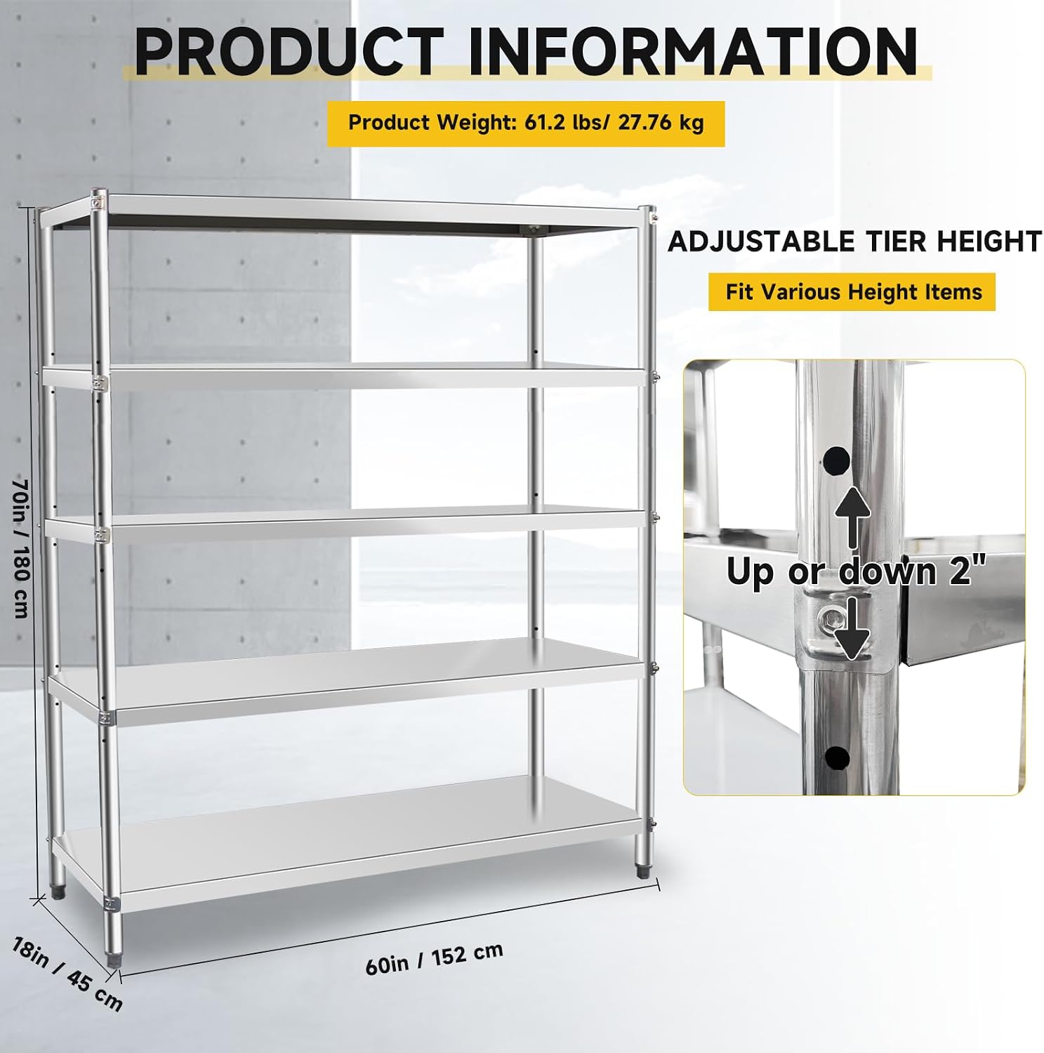Stainless Steel Shelves 60x18x70 Inch Storage Rack 5 Tier Shelving Units and Storage Adjustable Stainless Steel Rack Shelving, Storage Shelves for Kitchen Commercial Office