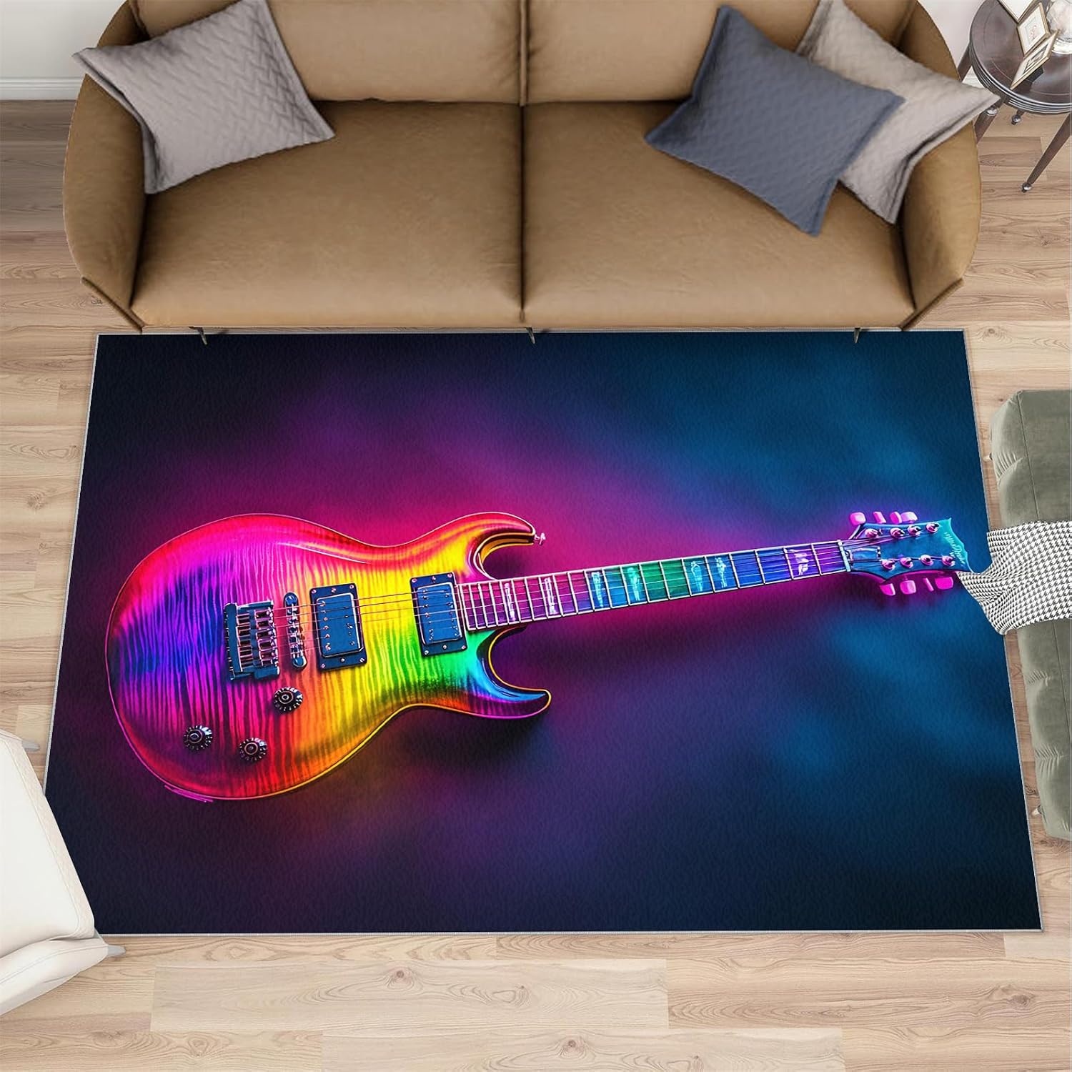 Guitar Rug 6x8, Neon Guitar Rugs for Bedroom, Music Rugs for Living Room, Washable Area Rug for Boys Girls Room, Non Slip & Low Pile Carpet