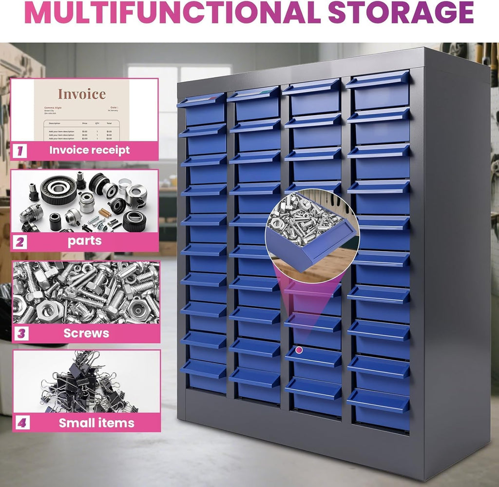40 Drawers Parts Cabinet with 200 Dividers & 80 Label Slots, Heavy-Duty Alloy Steel Frame & ABS Drawers Bolt and Nut Tool Storage Cabinet, Bolt Bins Organizer for Workshop, Garage, Office