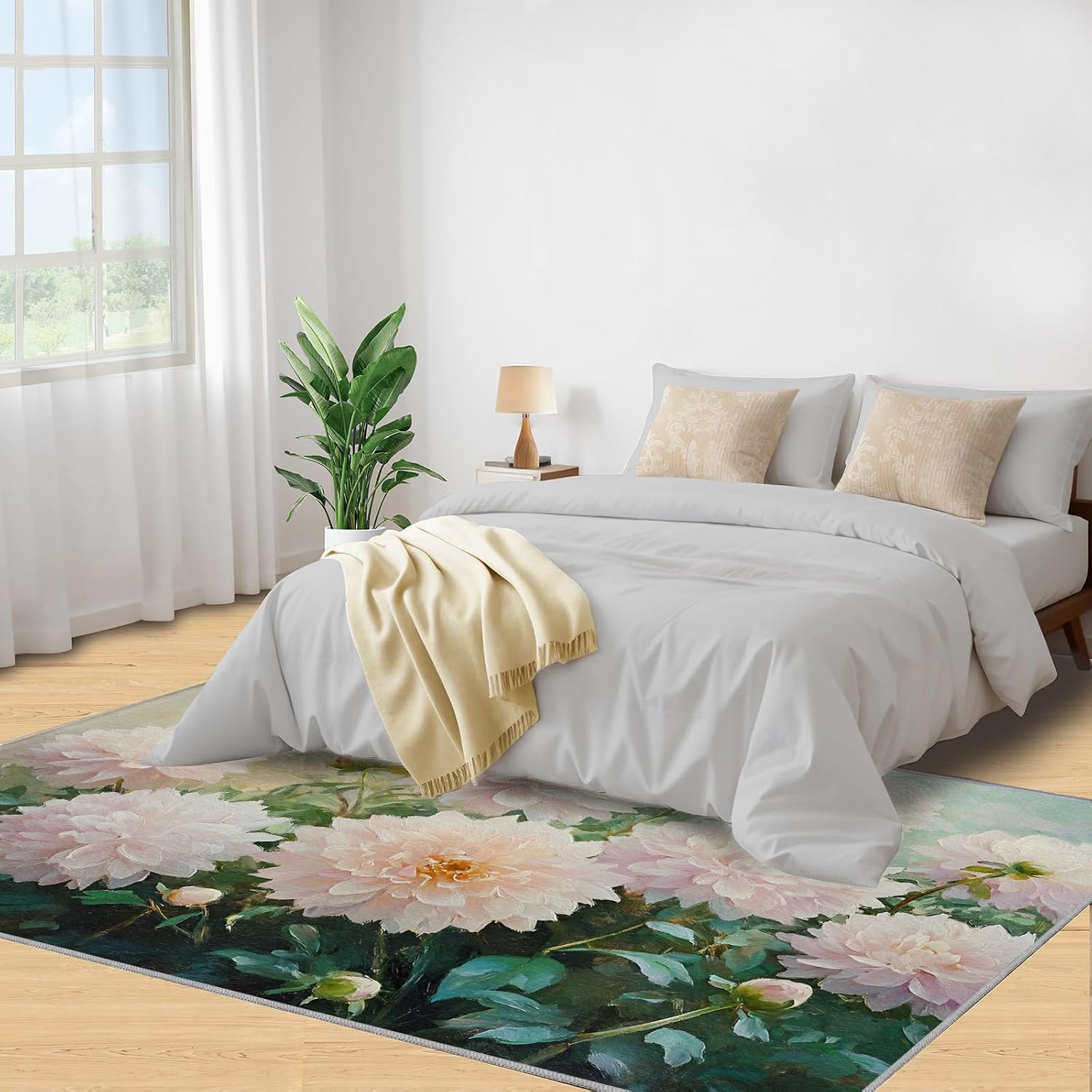 Hydrangea Area Rug 6x8, Flowers Rugs for Living Room, Retro Floral Rug for Bedroom, Machine Washable Rugs for Kitchen Dining, Home Decor Carpet