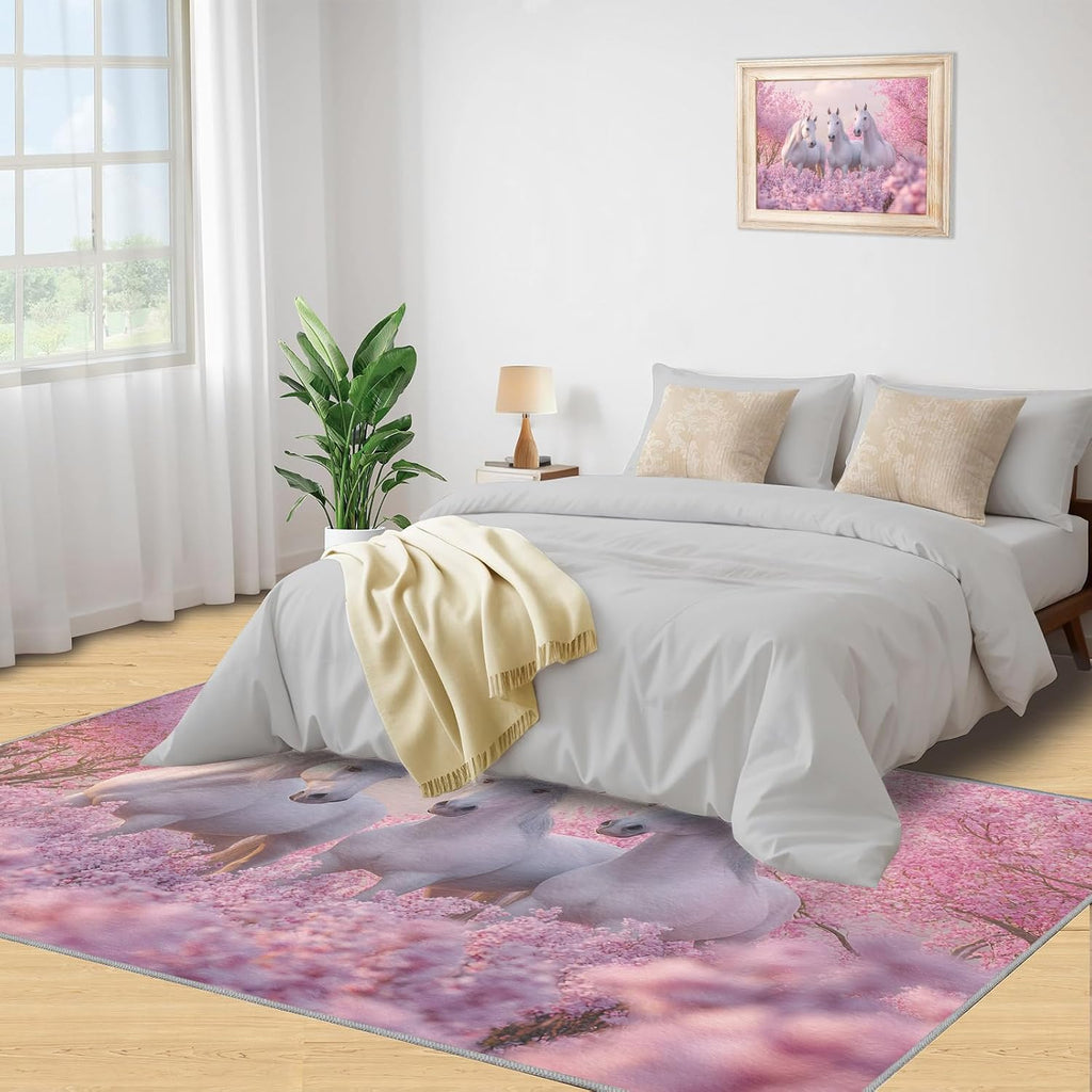 Horses Rugs for Living Room 6x8 Rug, Pink Flowers Area Rug, Animals Rugs, Large Machine Washable Rug, Non-Slip Floor Carpet for Bedroom Kids Room Home Decor