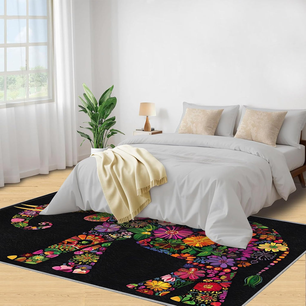 Florals Elephant Area Rug 6x8 - Flowers Elephant Large Rugs for Living Room, Creative Animals Carpet Area Rug for Girls Bedroom Kids Room Basement Office Classroom