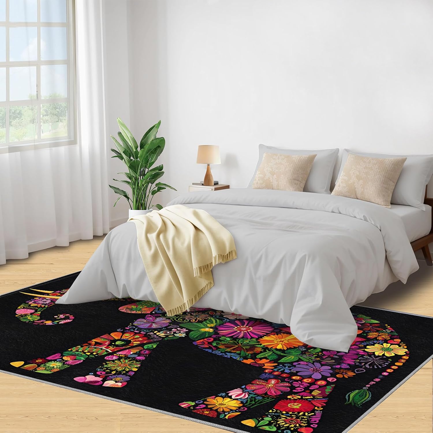 Florals Elephant Area Rug 6x8 - Flowers Elephant Large Rugs for Living Room, Creative Animals Carpet Area Rug for Girls Bedroom Kids Room Basement Office Classroom