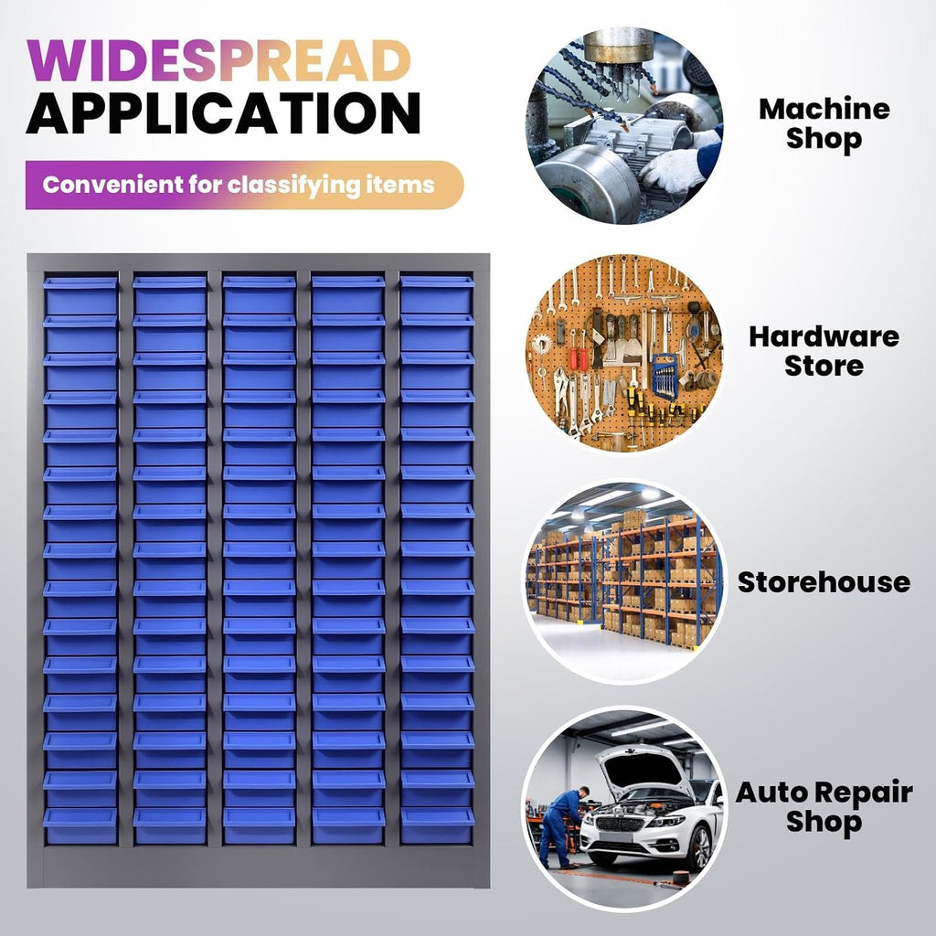 Heavy Duty 75 Drawer Parts Cabinet, Alloy Steel Nut and Bolt Organizer, ABS Bolt Bins with Anti-Slip Safety Stop, Label Stickers Included, Hardware Storage for Workshop, Garage, Industrial Use