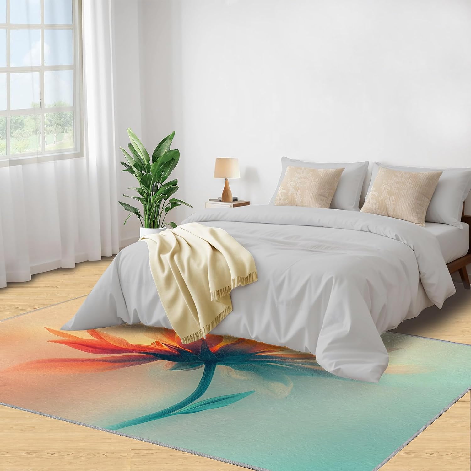 Floral Rugs for Bedroom - 6x8 Rug, Fantasy Flower Area Rugs for Living Room, Orange Green Ombre Carpet, Modern Washable Area Mat, Aesthetic Carpet, Floral Home Decor & Gifts