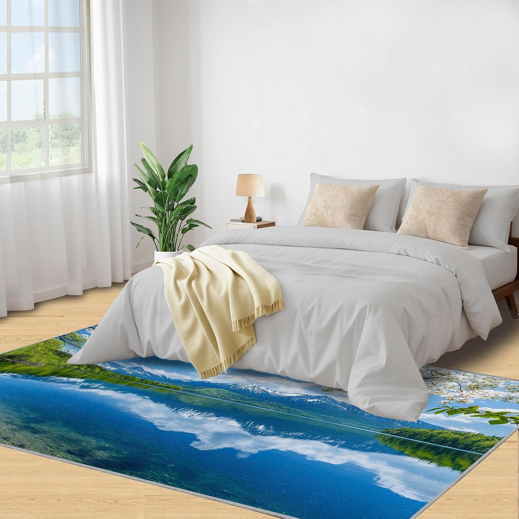 Natural Scenery Rug 6x8-6x8 Rug, Nature Landscape Area Rugs for Living Room Bedroom, Lake Mountains Area Rugs, Floral Washable Carpet, Aesthetic Carpet, Landscape Home Decor