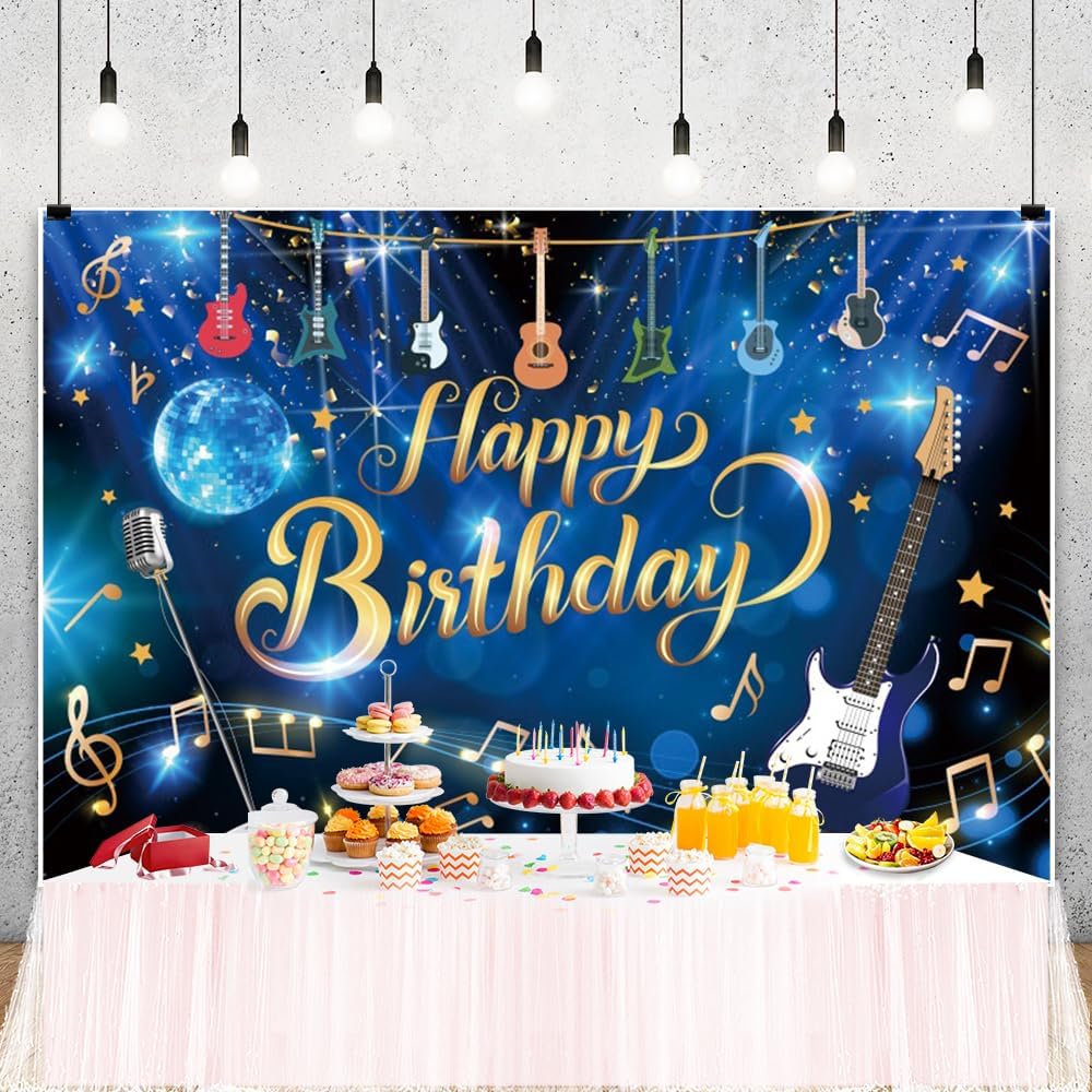 20x10ft Musical Note Guitar Happy Birthday Backdrop Rock and Roll Happy Birthday Party Decorations for Boys Girls Karaoke Themed Banner Supplies Photo Booth Props