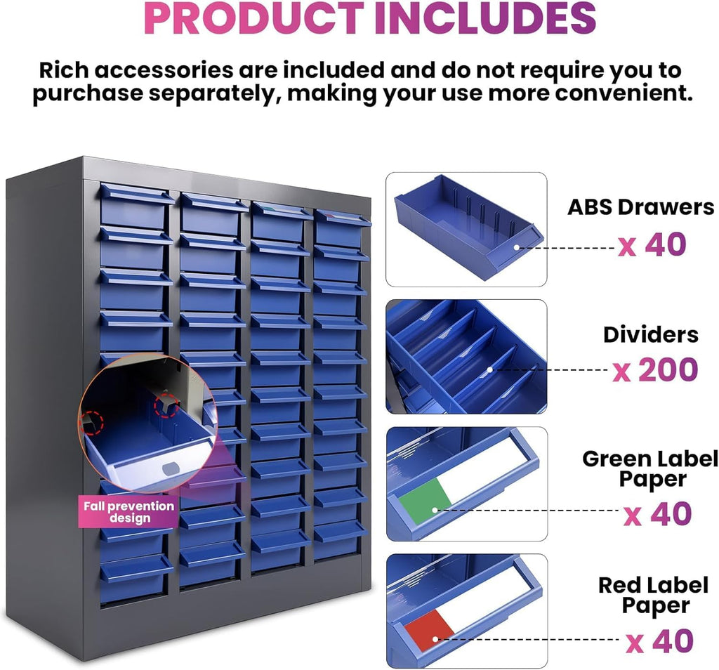 40 Drawers Bolt Bins Storage Cabinet with 200 Dividers & 80 Label Slots, Heavy-Duty Bolt and Nut Tool Storage Cabinet in Alloy Steel, Parts Cabinet with ABS Drawers for Workshop, Garage, Home