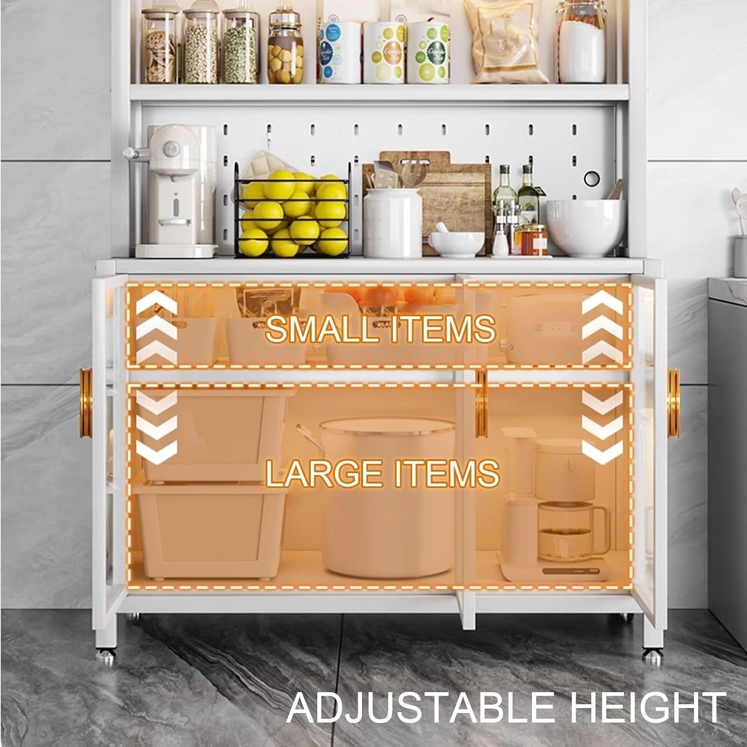 6-Tier Kitchen Bakers Rack with Storage Cabinet, Flip Door, White Microwave Stand with Hooks, Coffee Bar Organizer, 100cm, Carbon Steel Frame(100cm)