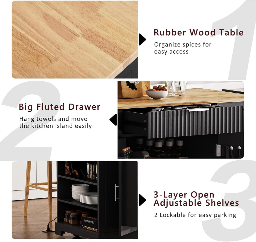 Modern Kitchen Storage Island with Trash Can Cabinet & Power Outlet, Rolling Kitchen Island Cart on Wheels with Open Side Shelves and Towel Rack, 53-Inch, Black