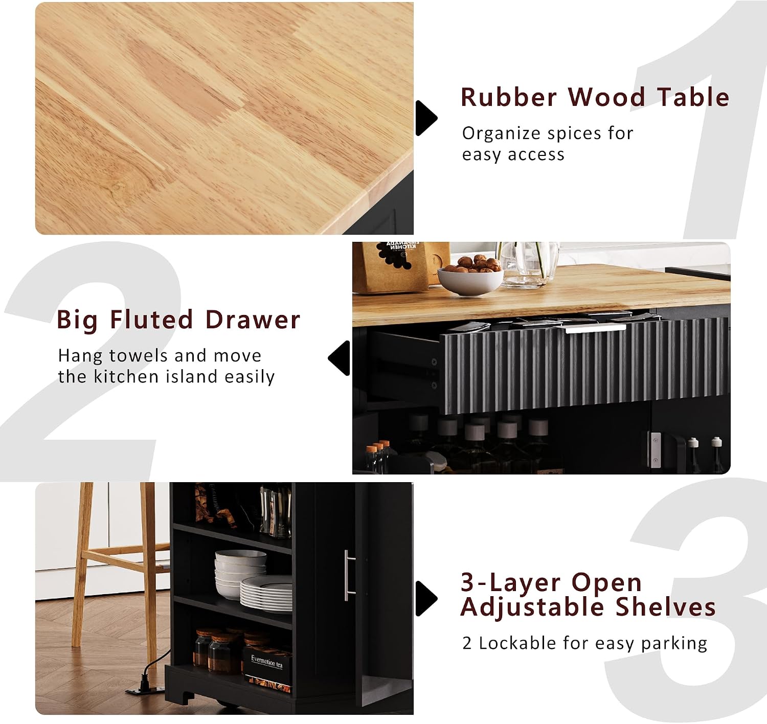 Modern Kitchen Storage Island with Trash Can Cabinet & Power Outlet, Rolling Kitchen Island Cart on Wheels with Open Side Shelves and Towel Rack, 53-Inch, Black
