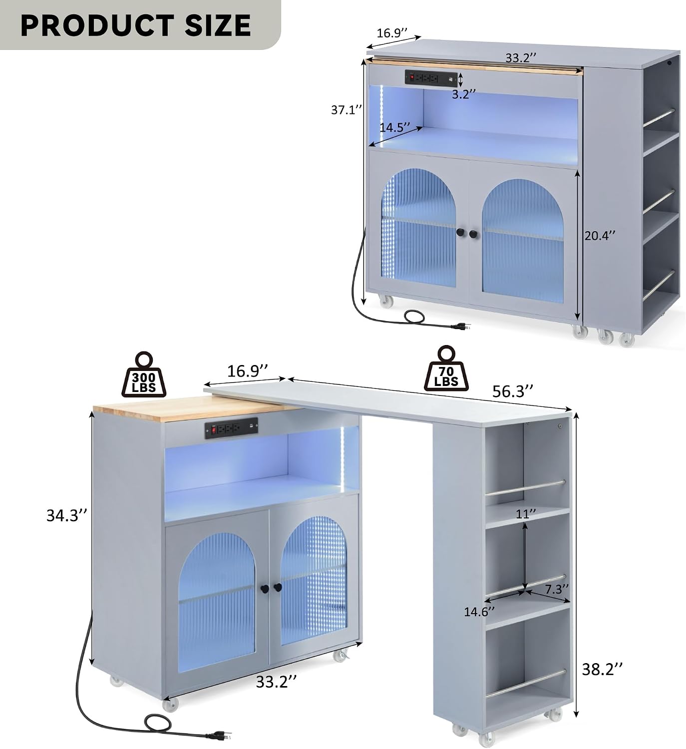 Merax Kitchen Island with Extended Table, Rolling Kitchen Islands Cart with LED Lights, Power Outlets, 2 Fluted Glass Doors, Storage Compartment, and Side 3 Open Shelves (Grey Blue)