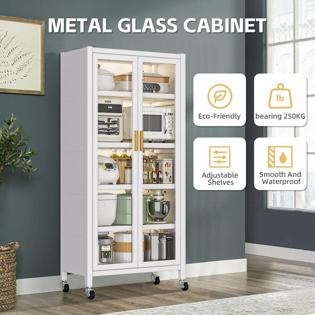 Kitchen Storage Cabinet, Pantry Cabinet with Two Glass Doors and Adjustable Shelves, 6 Tier Large Kitchen Hutch Cabinet Freestanding Tall Storage Sideboard, Kitchen Bakers Rack (White)