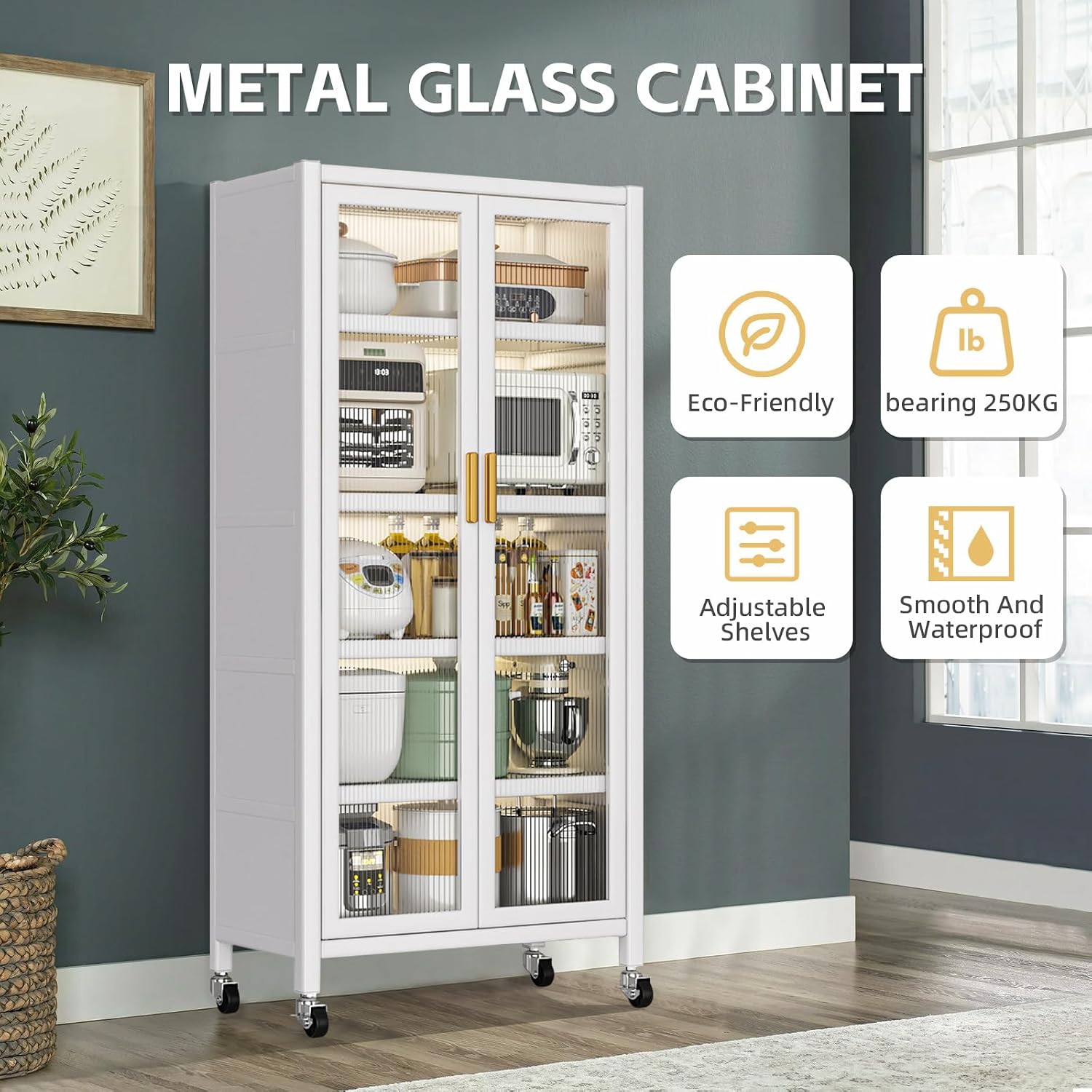 Kitchen Storage Cabinet, Pantry Cabinet with Two Glass Doors and Adjustable Shelves, 6 Tier Large Kitchen Hutch Cabinet Freestanding Tall Storage Sideboard, Kitchen Bakers Rack (White)