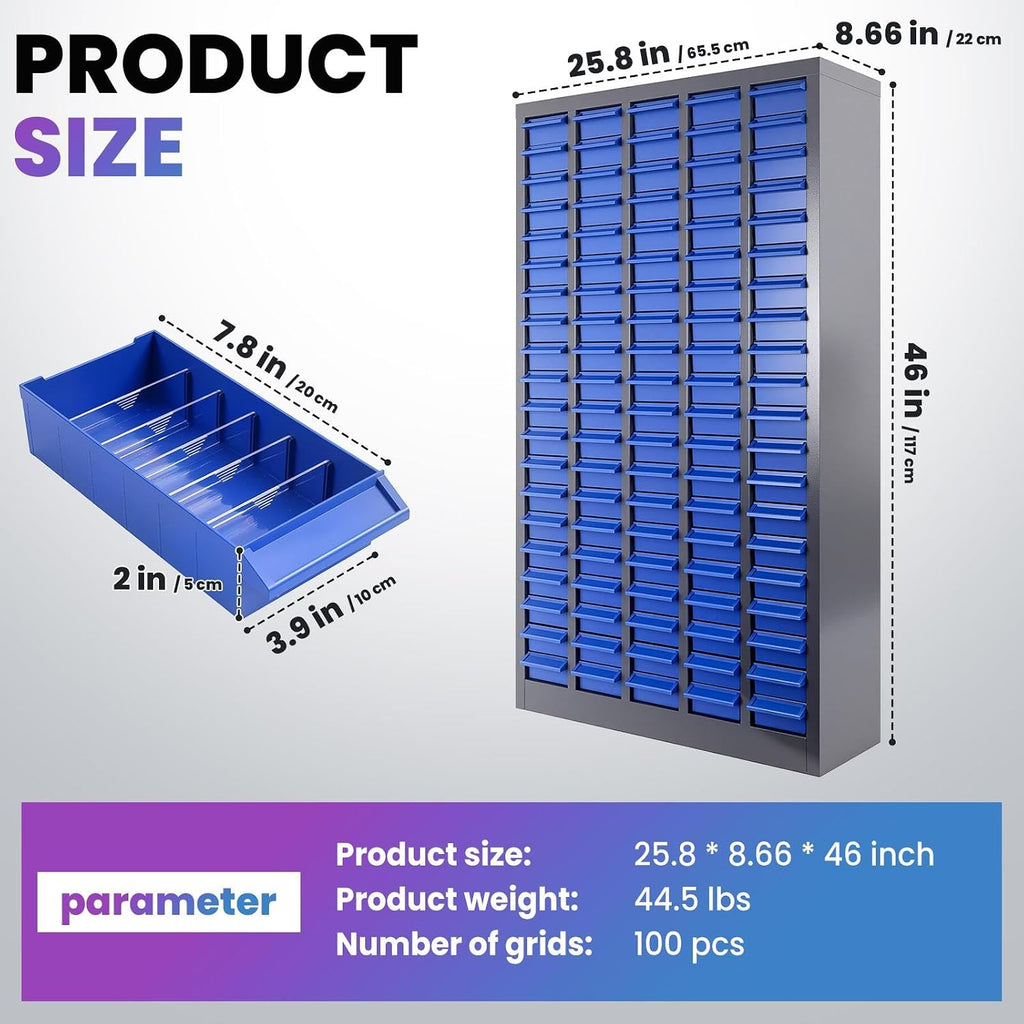 28.5''L×8.66''W×46''H Nut and Bolt Organizer 100 Slots, Bolt Organizer, Alloy Steel Parts Organizer with Abs Material Drawer, Bolt Bin with Label Stickers for Tool Hardware Storage (100)