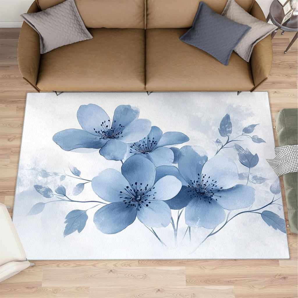 Floral Rugs for Bedroom - 6x8 Area Rug - Boho Floral Rugs for Living Room, Blue Flowers Rug, Non-Slip Washable Home Decor Carpet
