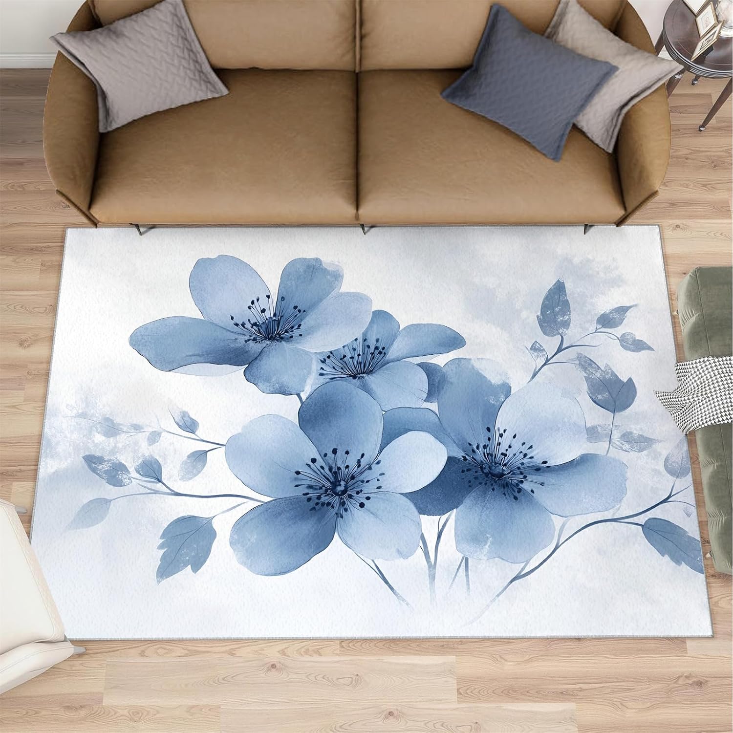 Floral Rugs for Bedroom - 6x8 Area Rug - Boho Floral Rugs for Living Room, Blue Flowers Rug, Non-Slip Washable Home Decor Carpet