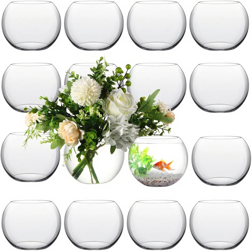 16 Pcs Glass Fish Bowl Round Vase for Centerpiece Bulk Clear Bubble Fish Bowl Decorations Flower with Water Gel Beads for Wedding Floral Floating Filler Home Decorations