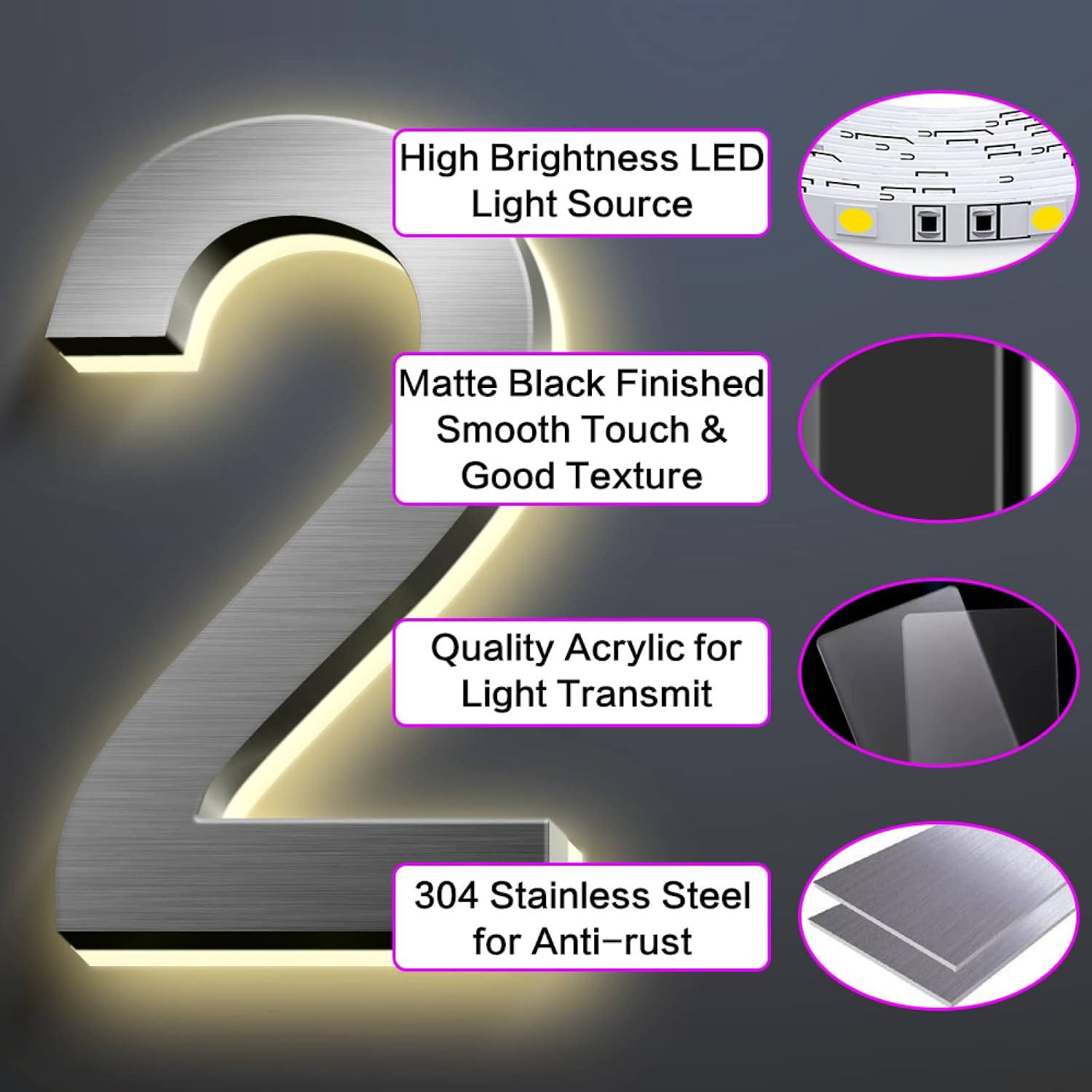 Backlit Illuminated LED House Numbers Signs 40cm, Stainless Steel Modern Lighted Up Address Numbers For Outside, Waterproof, Easy To Install,M