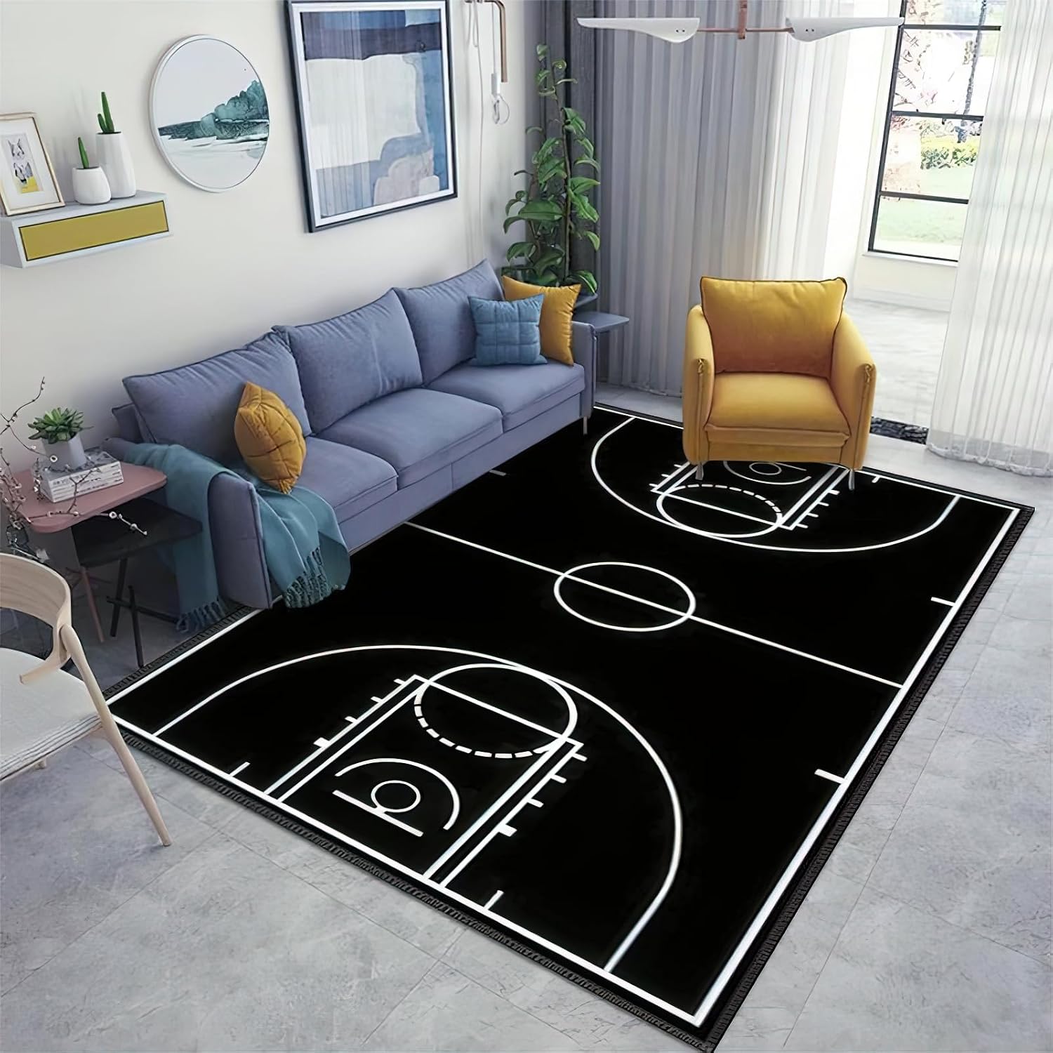 Black Basketball Court Area Rug, Boys Basketball Sports Indoor Non Slip Kids Rugs, Machine Washable Breathable Durable Carpet for Living Room Entryway Bedroom Dormitory - 5 ft x 7 ft, Style-1