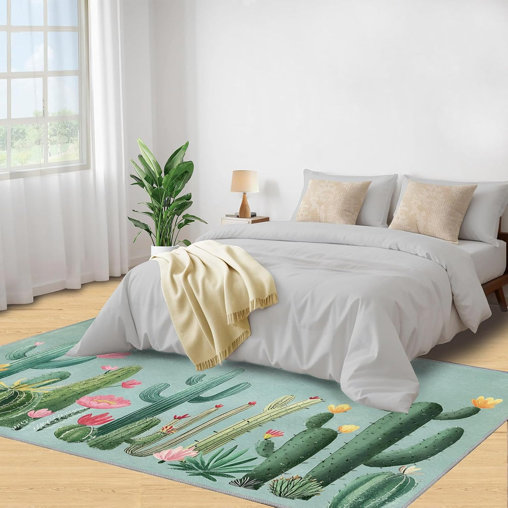Cactus Rugs for Bedroom, Desert Plants Rug 6x8, Abstract Botanical Dining Room Rugs Washable & Non Slip Large Carpet for Home Decor